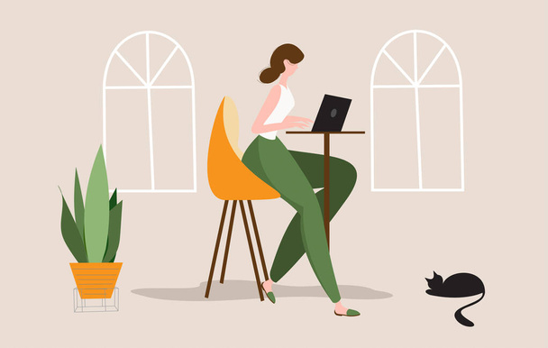 Femme travaillant sur son ordinateur portable à sa maison avec son chat noir à proximité. Illustration vectorielle de style plat pour freelance, travail à domicile, études en ligne, éducation, affaires, médias sociaux ou concepts d'entreprise. - Vecteur, image