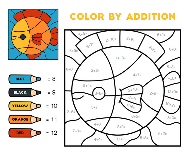 Kleur door toevoeging, educatie spel voor kinderen, Vis - Vector, afbeelding