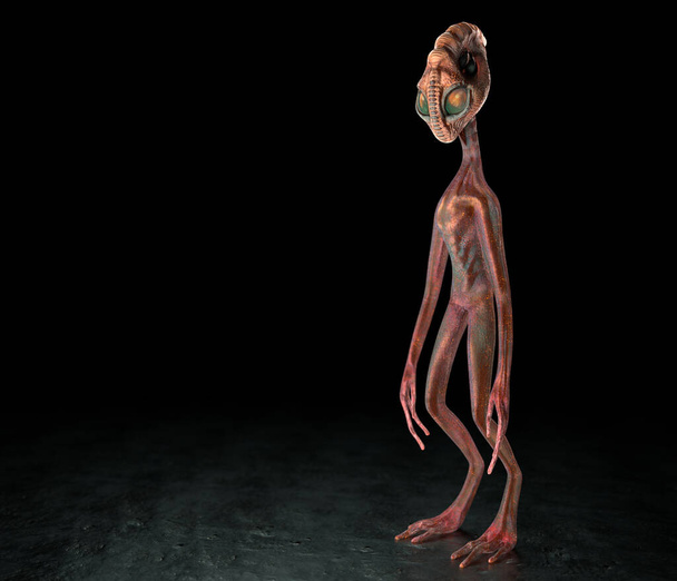Humanoïde alien in volle groei op een zwarte achtergrond. Conceptuele creatieve illustratie met kopieerruimte. 3D-weergave - Foto, afbeelding