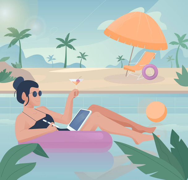 Freelancer illustraties werken in platte vector en ontspannen in het zwembad op hetzelfde moment - Vector, afbeelding