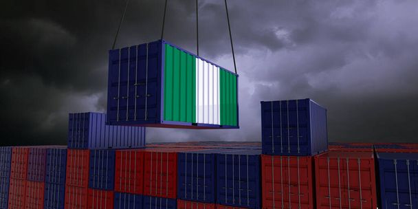 ナイジェリア国旗の付いた貨物コンテナは、多くの青と赤の積み重なった貨物コンテナの前に掛けられています-概念貿易-輸出入- 3Dイラスト - 写真・画像