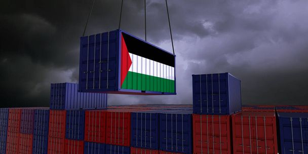 Um contêiner de carga com a bandeira palestina paira na frente de muitos contêineres de carga empilhados azuis e vermelhos - conceito de comércio - importação e exportação - ilustração 3d - Foto, Imagem