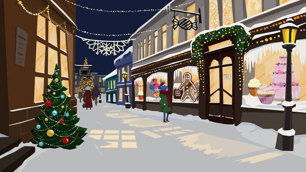 Año Nuevo Navidad luces calle de dibujos animados - Foto, Imagen