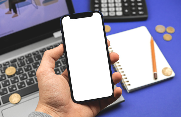 Mockup blank mobile phone screen, smartphone in hand, business background - Photo, Image