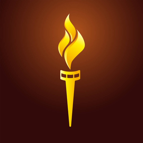 Концепция логотипа пылающего факела. Спортивный огонь золотым цветом окрасил творческий знак. Соревнования, союзы, клубы или конфедерации икона с огнем. Изолированный шаблон абстрактного дизайна. - Вектор,изображение