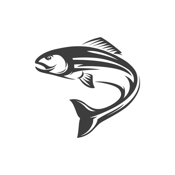 Atlantic salmon ray-finned fish isolated monochrome icon. Vector salmon freshwater fish, seafood, marine food, fishery sport mascot. Grayling whitefish fishing trophy, underwater animal, trout, char - Vector, Image