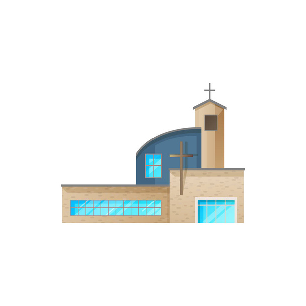 カトリック教会の建物のベクトルアイコン。大聖堂礼拝堂、近代的な修道院のファサード。現代的な教会のデザイン、キリスト教の福音派の宗教建築外部隔離された漫画のシンボル - ベクター画像