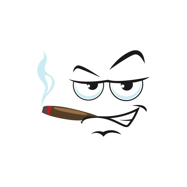 Wicked popped-eyed smiley, angry emoticon with smirked in triumph smile isolated emoji smoking cigarette or pipe. Vector self-confident emoticon head, suspicious detective face, big eyes - Vector, Image