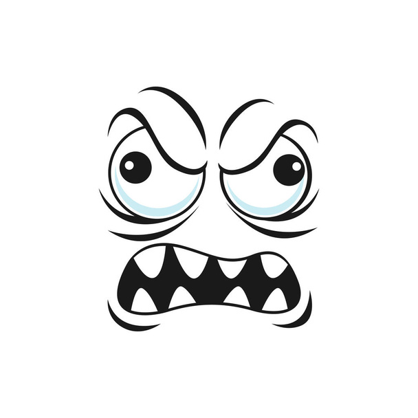 Distrusted sad mood suspicious expression face expression isolated emoticon with rare tooth smile. Vector distrustful emoji with big eyes, mad smiley Angry disbelief emoticon expression, sad mood - Vector, Image