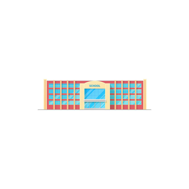 Векторная икона школьного здания, внешний вид кампуса, архитектура. Строительство государственного учебного заведения, стеклянный фасад с окнами и дизайн входного изолированного мультфильма - Вектор,изображение