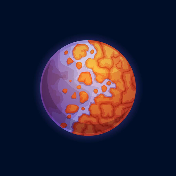 Planeta marcianos mundo de água roxa e rochas marrons isolado alienígena galáxia desenho animado ícone. Vetor fantástico globo mistério, ui gui elemento de design do jogo. Mystery asteroide, globo universo novo planeta - Vetor, Imagem