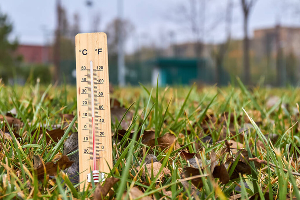 Close-up photo of household alcohol thermometer in grass showing temperature in degrees Celsius. Outdoors. Close-up, selective focus - Photo, Image
