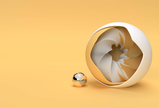 3D zlaté jádro koule skryté uvnitř černé hemisféry shell Minimalismus geometrie pozadí. 3D vykreslování ilustrací. - Fotografie, Obrázek