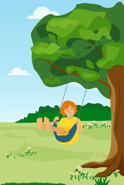 Illustration vectorielle de dessin animé mignon dans un style plat. Joyeuse fille joyeuse chevauchant une balançoire dans le parc, dans le jardin. - Vecteur, image