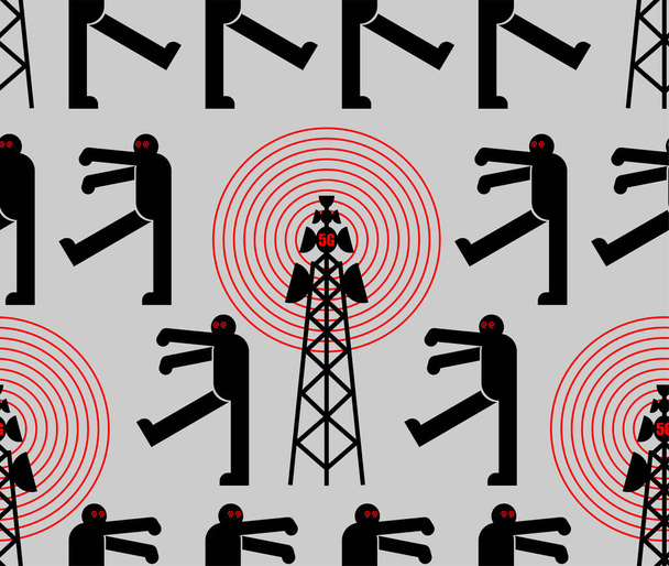 5G věž štípání populace vzor bezproblémové. Ozdoba konspirační teorie. Zombíci obcházejí strukturu mobilní věže. TV a rozhlasové komunikační věže pozadí - Vektor, obrázek