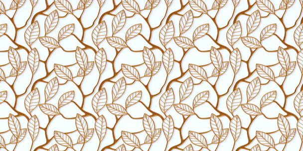 Illustration 3D. Arrière-plan abstrait.Ouvert, branches dorées volumineuses avec des feuilles, avec ombre sur un fond blanc.Grill décoratif avec ornement floral, panneau 3D. Fond futuriste.Render - Photo, image