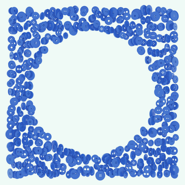 Ilustração 3d. Linhas de botões de costura azuis e brilhantes dispostos de forma retangular com um orifício redondo no meio isolado em um fundo branco com espaço para texto.Para uma oficina de costura, um atelier. Renderizar - Foto, Imagem