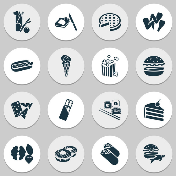 Закуски иконы набор с весенними рулонами, набор орехов, вегетарианский кебаб и другие элементы пончика. Изолированные векторные иллюстрации. - Вектор,изображение