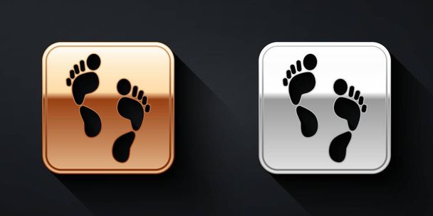 Ikone des menschlichen Fußabdrucks in Gold und Silber isoliert auf schwarzem Hintergrund. Spuren des menschlichen Fußes. Langer Schatten. Vektor. - Vektor, Bild