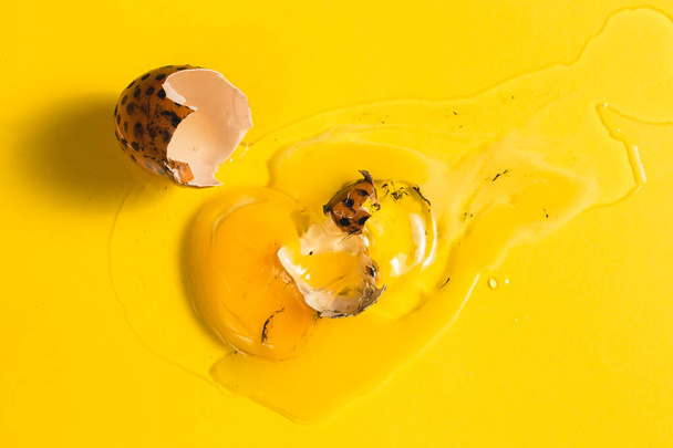 Разбитое пасхальное яйцо на желтой поверхности. Закрыть пасхальную квартиру. Трендовый цвет года 2021 - Фото, изображение