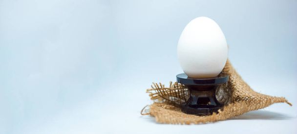 białe jajko na podstawce ozdobionej płótnem w formie gniazda na niebieskim tle, temat Wielkanocy i zdrowego odżywiania białek, przestrzeń do kopiowania tekstu - Zdjęcie, obraz