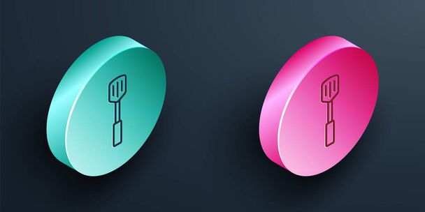 Isometric line Barbecue spatula icon isolated on black background. Kitchen spatula icon. BBQ spatula sign. Barbecue and grill tool. Turquoise and pink circle button. Vector. - Vector, Image
