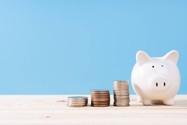 Sparschwein mit Stapelmünzen isoliert blauen Hintergrund. Geld sparen und Investitionskonzept. - Foto, Bild