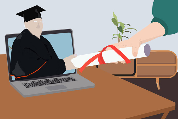 Online graduation from graduation. The professor, the director hands the scroll to the student through the laptop screen. Safe graduation during quarantine. - Vector, Image