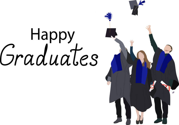 Akademik bir elbise ve mezuniyet şapkası takmış bir grup mutlu mezun. Erkekler ve kızlar üniversite mezuniyetlerini kutluyorlar. Düz çizgi film vektör çizimi. - Vektör, Görsel