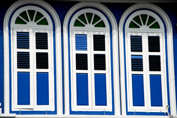Singapore: Three Blue Shop House Windows - Photo, Image