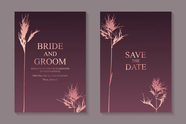 Set van luxe bloemen bruiloft uitnodiging ontwerp of wenskaart sjablonen met rose goud spikeletten op een roze achtergrond. - Vector, afbeelding