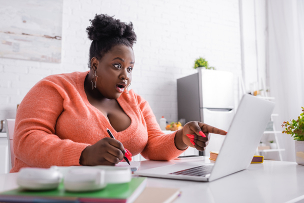 σοκαρισμένος αφρικανός Αμερικανός συν μέγεθος freelancer δείχνοντας με το δάχτυλο στο laptop  - Φωτογραφία, εικόνα