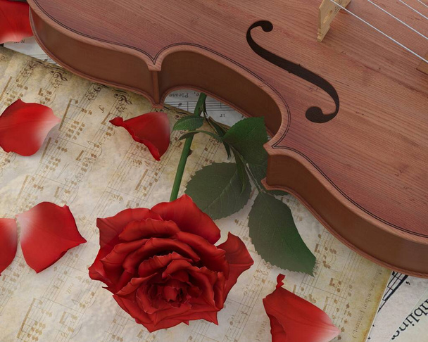 Celebratory background, greeting card. 3d illustration, sheet music, violin, rose on a wooden table. 3d render. illustration. Announcement of the concert, invitation to a musical evening.  - Photo, Image