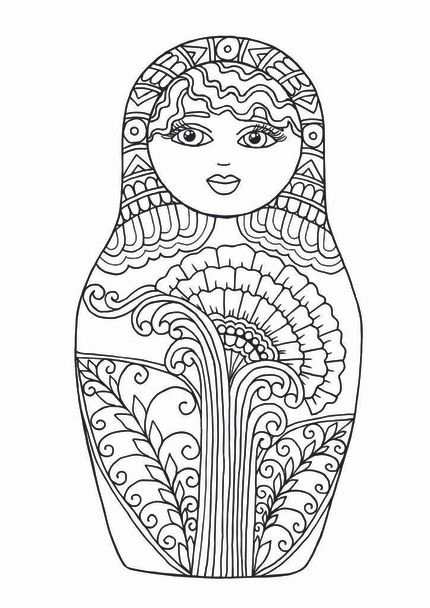 Zwart-wit geïsoleerde Russische matrioshka pop. Russische matroesjka hand getekend schets. Poppenvector illustratie. Kleurplaten. - Vector, afbeelding