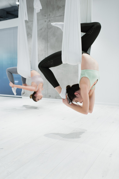 Spor yapan kadınlar hamaklarda egzersiz yaparken jimnastik salonunda yoga yapıyorlar. - Fotoğraf, Görsel