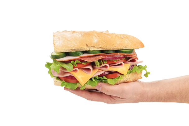 Big fresh sandwich in hands. - Photo, image