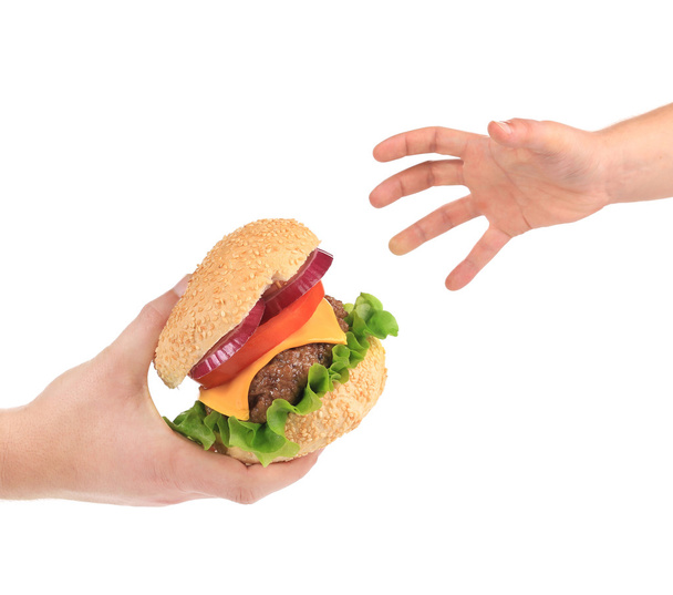 Tasty sandwich in hands. - Foto, afbeelding