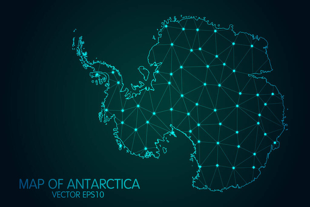 Mapa da Antártida - Com pontos brilhantes e escalas de linhas no fundo do gradiente escuro, conexões de rede poligonais de malha 3D.. - Vetor, Imagem