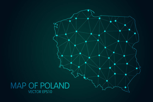 Mapa Polska - Se zářivým hrotem a stupnicemi čar na pozadí tmavého gradientu, připojení k 3D síťové síti.. - Vektor, obrázek