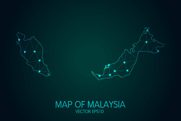 Mappa della Malesia - Con punto luminoso e linee scale sullo sfondo scuro gradiente, maglie 3D connessioni di rete poligonali.. - Vettoriali, immagini