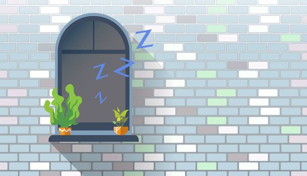 Zostań w domu. Ludzie w oknach zostają w domu z powodu kwarantanny. Śpij w budynku. Patrząc przez okno ozdobione roślinami doniczkowymi. wewnątrz okna z wyłączonymi światłami - Wektor, obraz