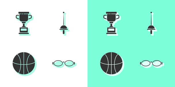 Szett szemüveg úszáshoz, Díj kupa, kosárlabda és vívás ikon. Vektor. - Vektor, kép