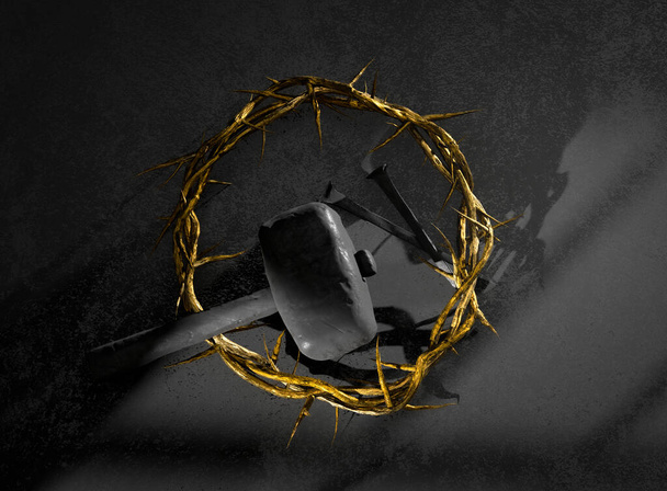 Gesù Cristo Corona di Spine Unghie e Martello Simbolo di Resurrezione 3D Rendering - Foto, immagini