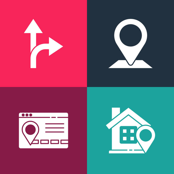 Set pop art Location with house, Infographic of city map navigation, and Road traffic sign icon. Vektor. - Vektor, kép