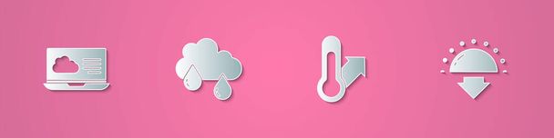 Setzen Sie Papierschnitt Wettervorhersage, Wolke mit Regen, Meteorologie Thermometer und Sonnenuntergang Symbol. Papierkunst. Vektor. - Vektor, Bild