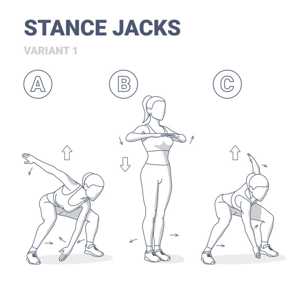 Stance jacks women home workout exercise for health and boosting metabolism guidance illustration. - Vector, Image