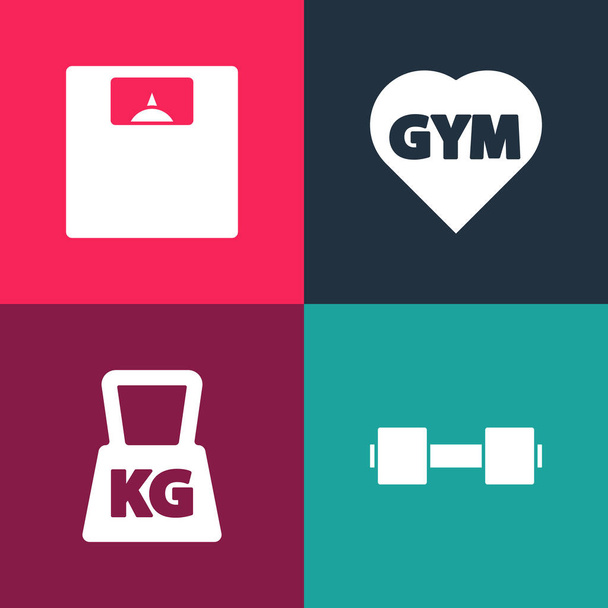 Set pop art Dumbbell, Weight, Fitness gym heart and Bathroom scales icon. Vector. - Vector, Image