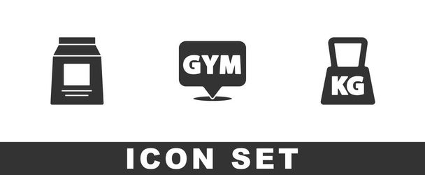 Set Nutrición deportiva, ubicación gimnasio e icono de peso. Vector. - Vector, Imagen