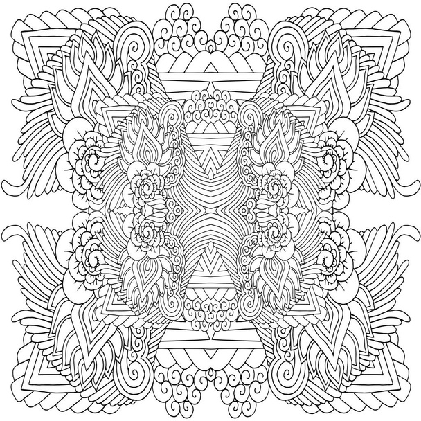 Fekete-fehér szokatlan mandala, zökkenőmentes minta elemekkel, négyzet, kerek, kereszt vagy más alakú. Csipkés kézzel rajzolt, szabad kézen lévő kép. Vektor - Vektor, kép