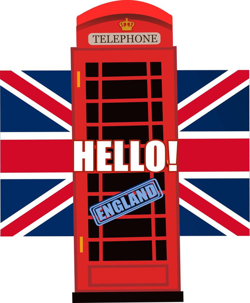 Anglická cesta. ilustrace anglických symbolů v Londýně. Červená, Británie, starý telefon - Vektor, obrázek